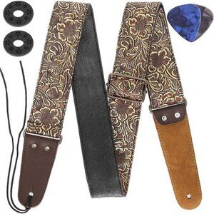 Leather Guitar Strap Vintage Western Adjustable Electric Bass Bronze PU Ends